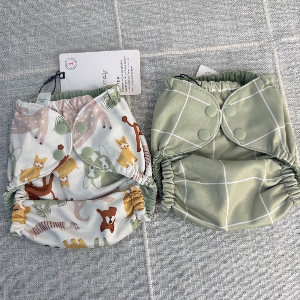 TWO Esembly Size 1 Cloth Diaper Outer Cover Dogs Plaid Gender Neutral Swim NEW